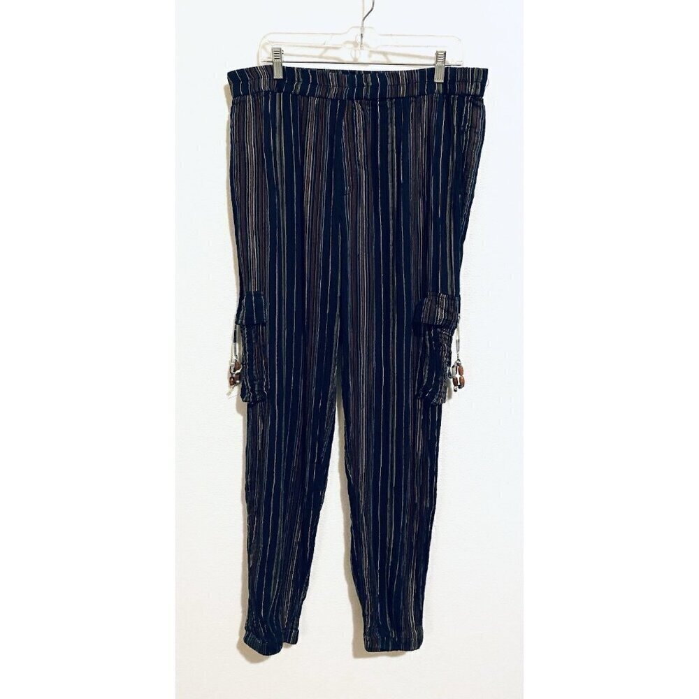 Earthbound Trading Pants Womens XXL Navy Striped Cargo Jogger Hippie Boho Harem
